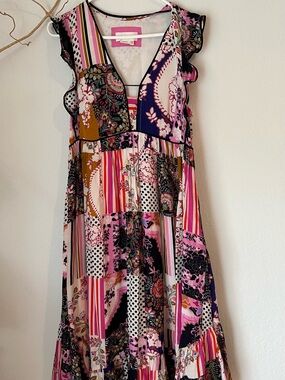 Anthropologie Ruffle Patchwork Midi Dress Size 12 Ruffle Floral